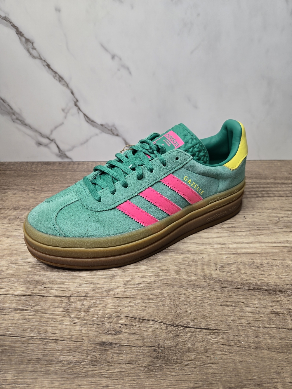 Adidas Gazelle Green Suede Sneaker with Pink Stripes
